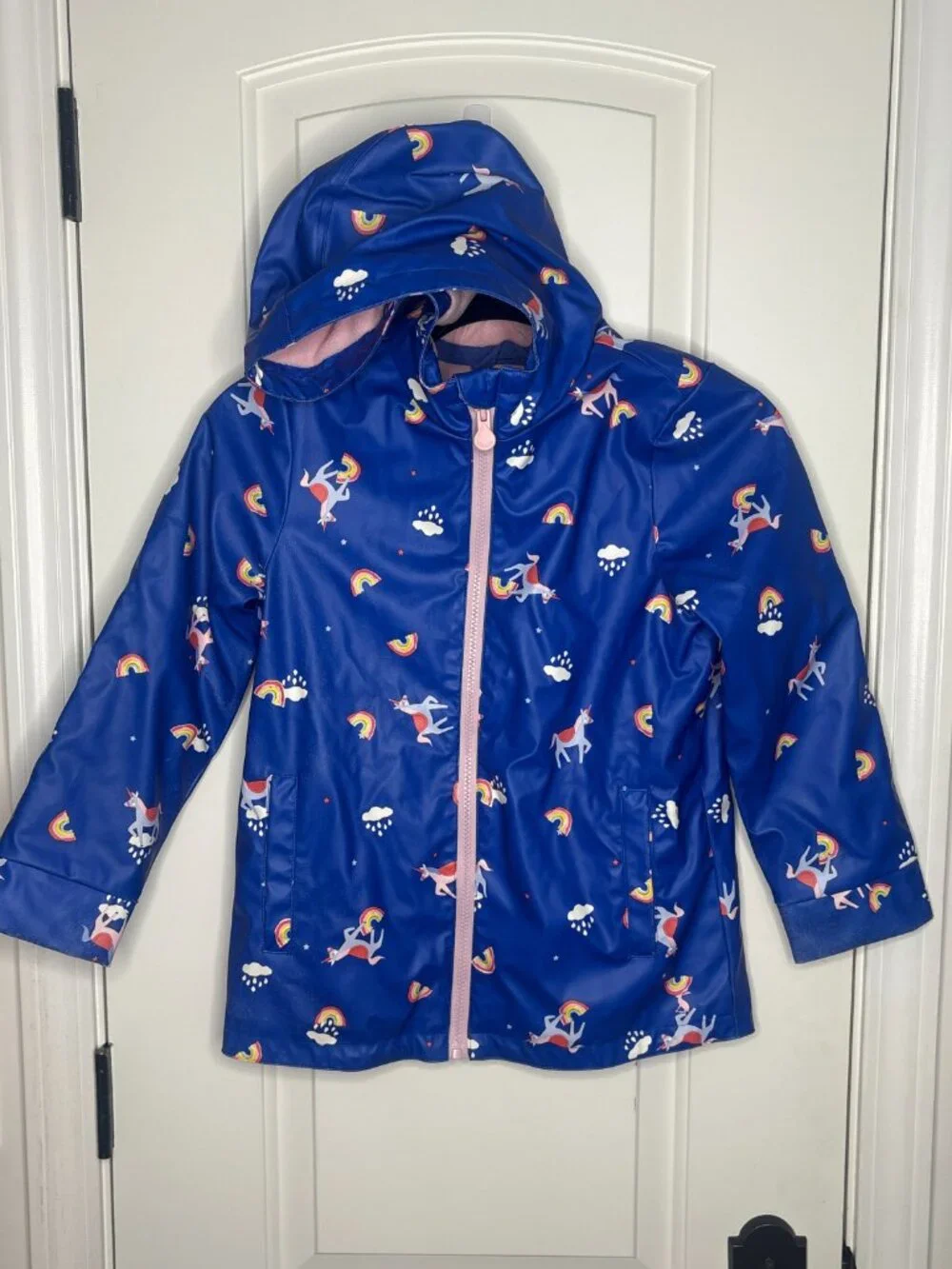 Joules Blue Raindance Unicorn Rubber Lined Hooded Rainbow Raincoat 7-8Y